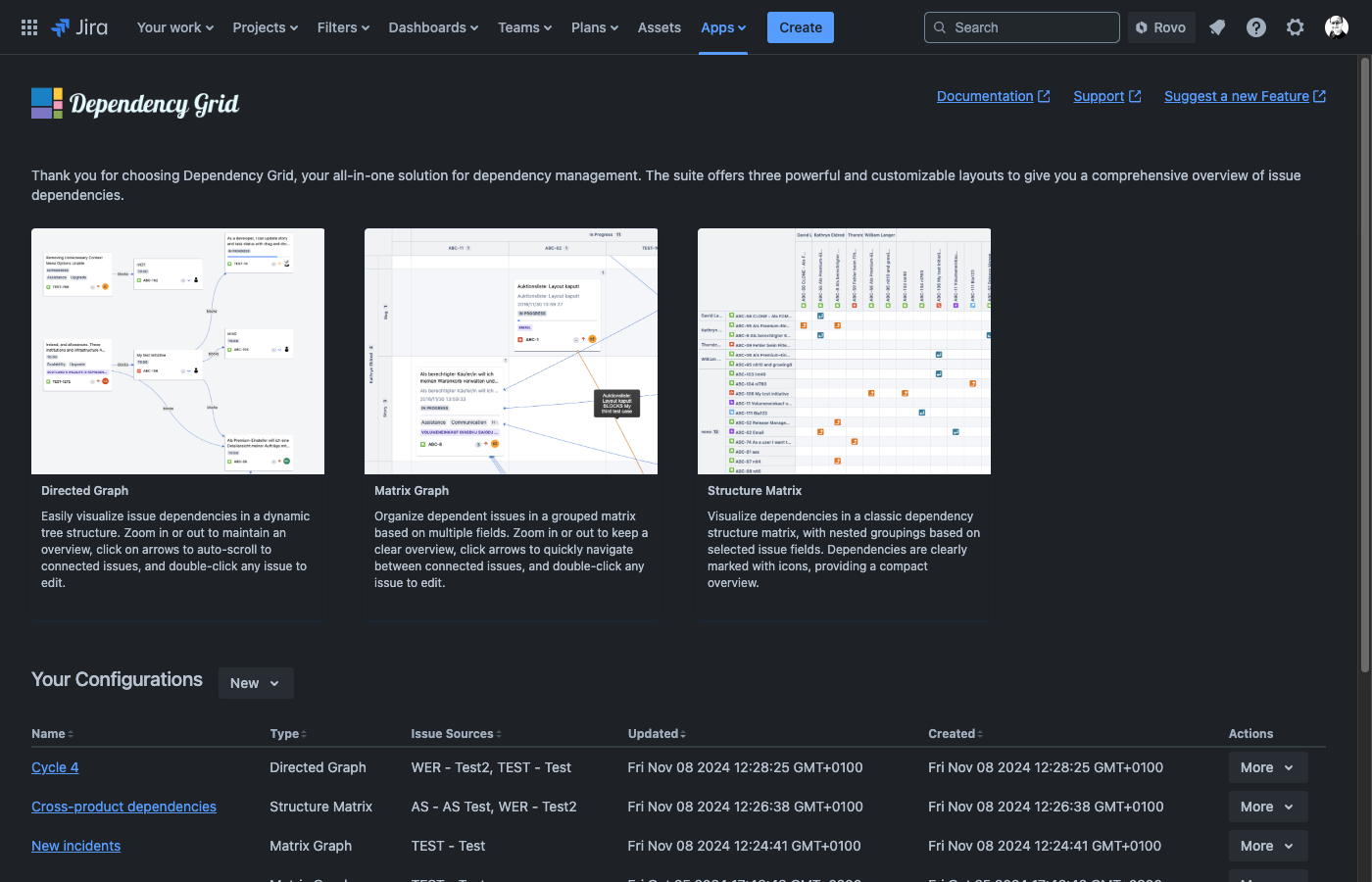 Dependency Grid App Interface in dark mode