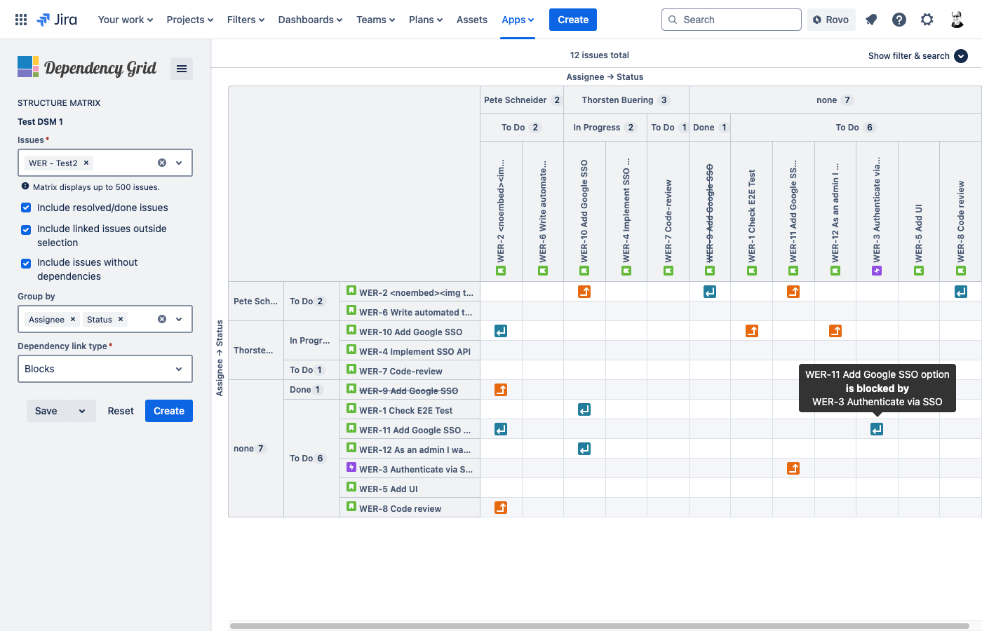 Depedency Structure Matrix with Jira issues