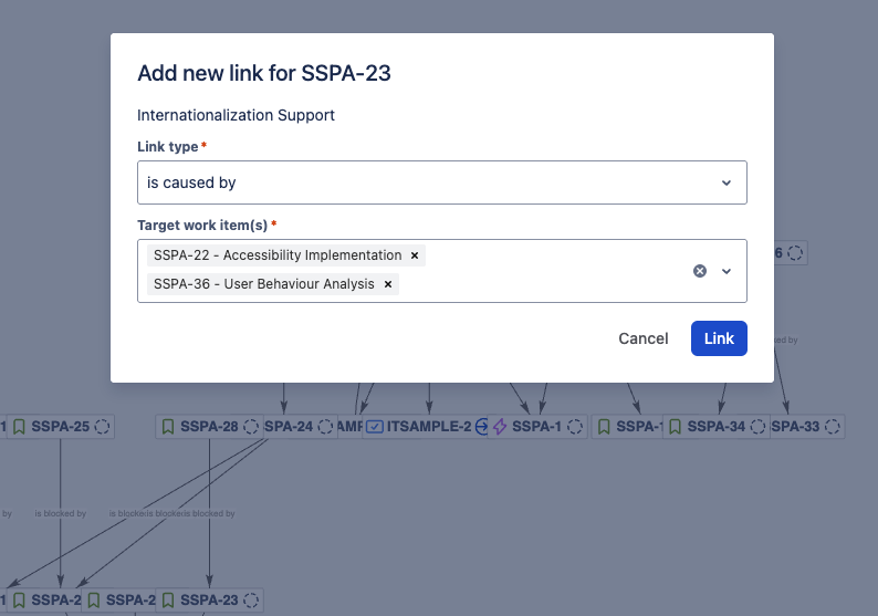 The Add new link dialog with a link type and target work item selected